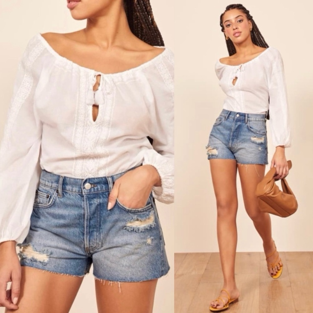 Reformation Dixie High Rise Denim Shorts in Shasta Destroyed